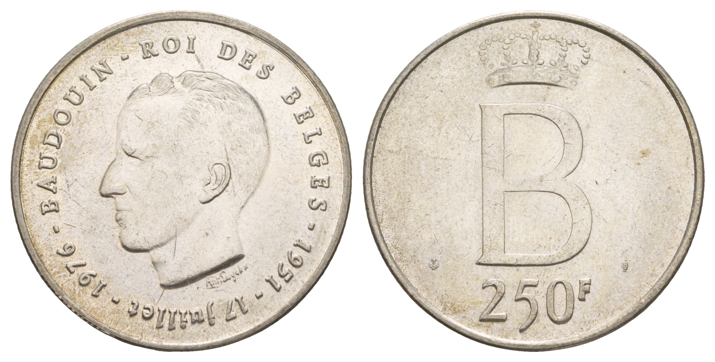 Бельгия 250 франков 1976 25 лет правлению Короля Бодуэна I, DES BELGES KM 157 серебро UNC 1519-844