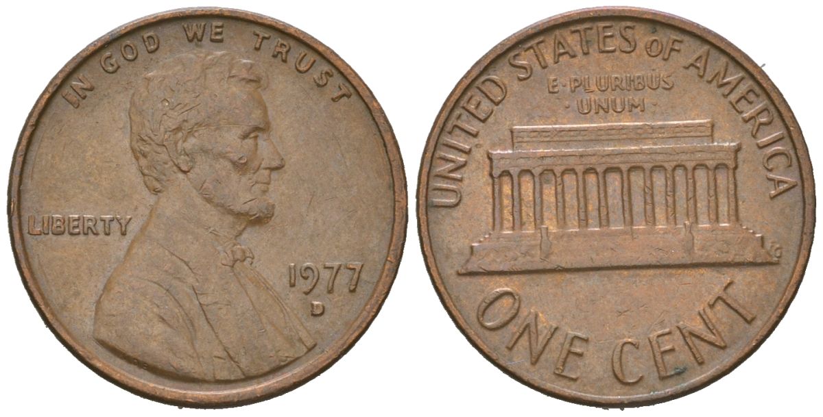 США 1 цент 1977 D, Авраам Линкольн  KM 201 медь цинк 220-942