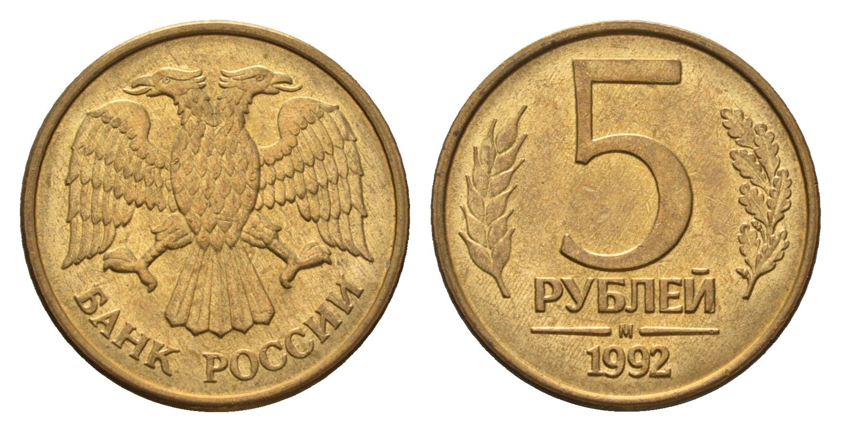 Россия 5 рублей 1992 М Y 312 сталь плакированная латунью 4684-358