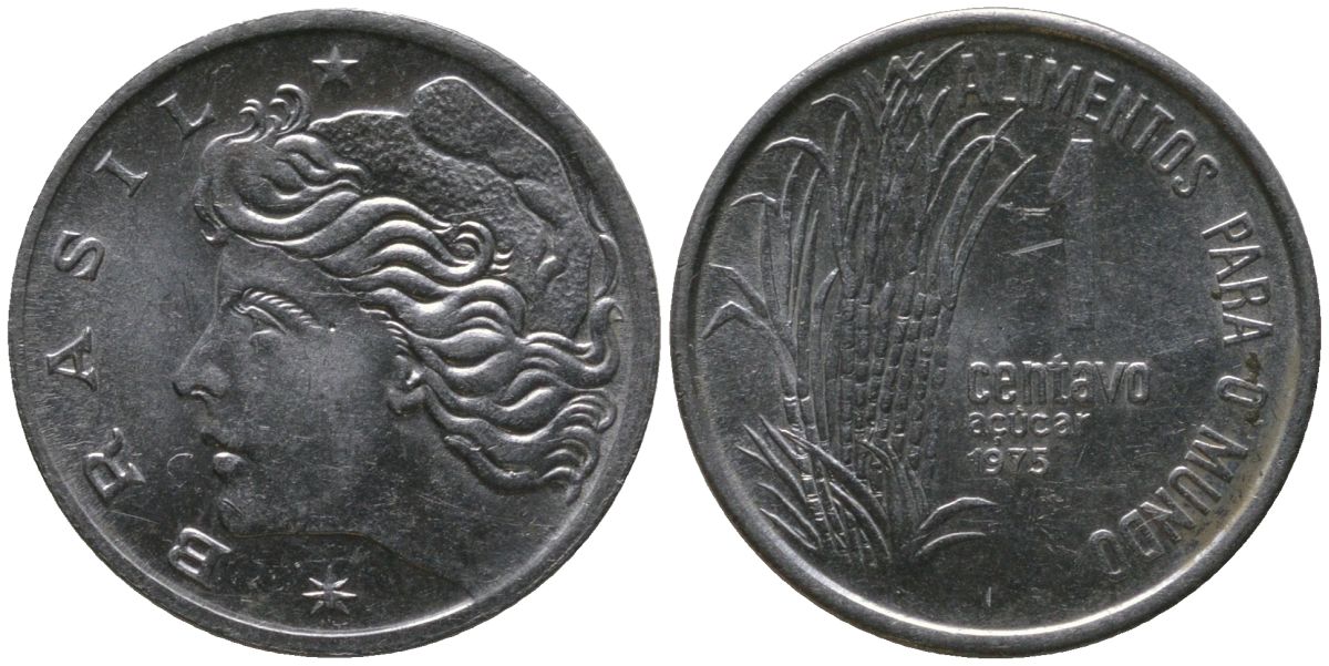 Бразилия 1 сентаво 1975 ФАО KM 585, Schon 91 нержавеющая сталь UNC 4567-848