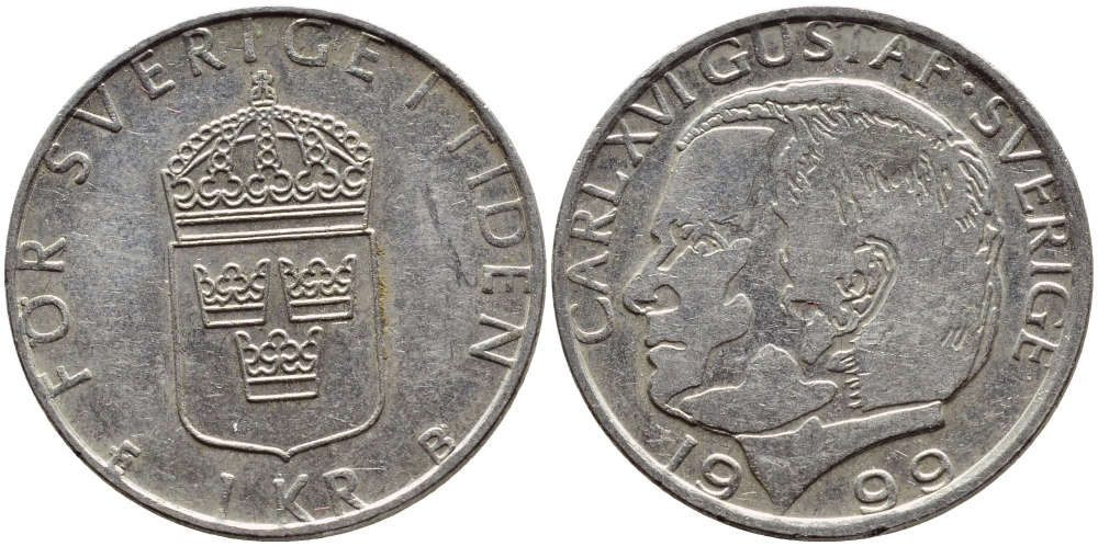 Швеция 1 крона 1999 Карл XVI Густав (1973- ) KM 852a медно-никель 4610-1042
