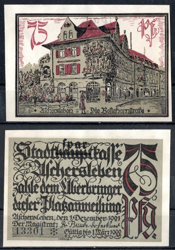 Ашерслебен (Пруссия, Саксония) 75 пфеннигов 1921 Mehl Grabowski 50.3-5/5 бумага UNC (пресс) 7556-46-3-1