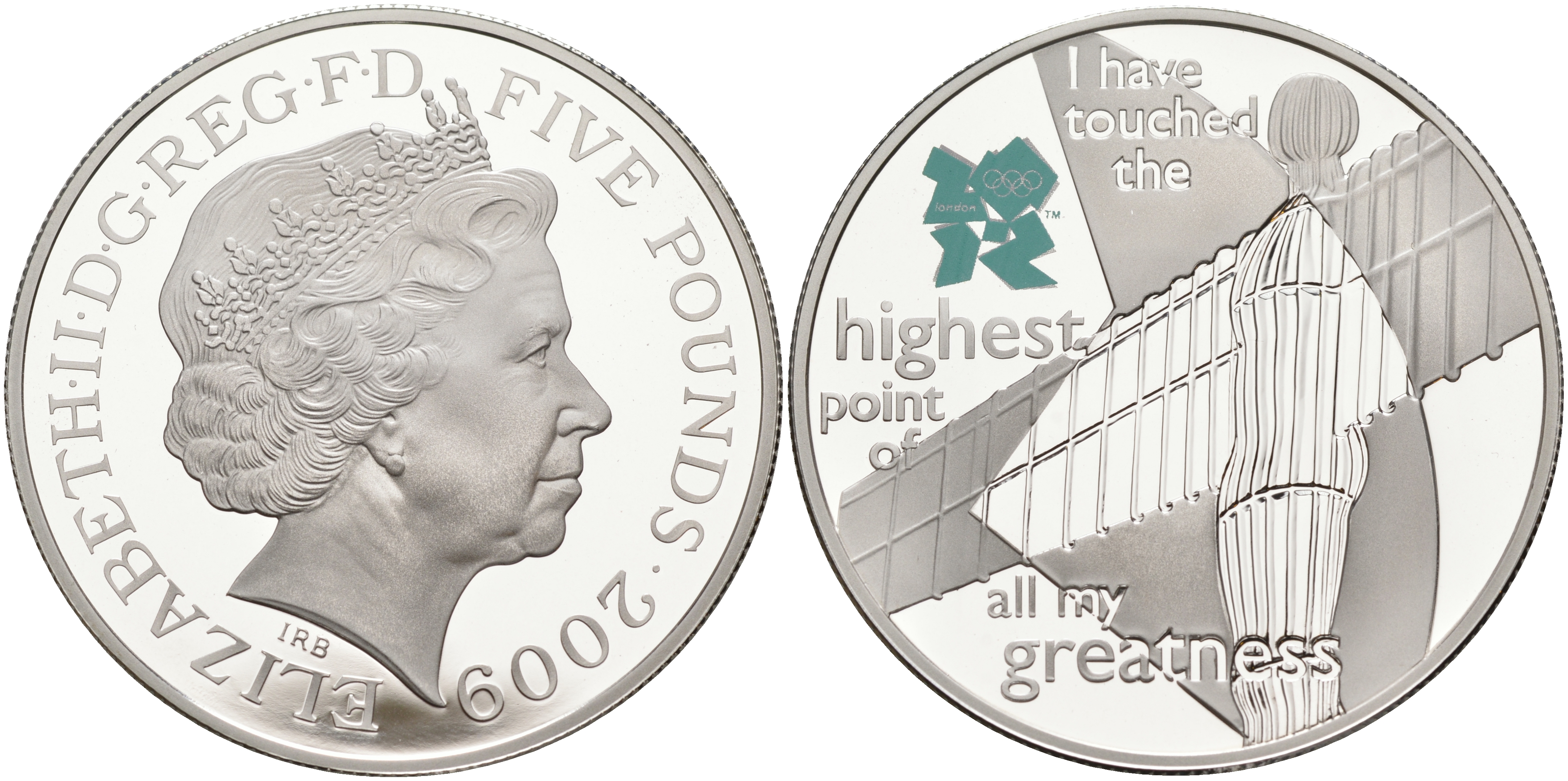 Великобритания 5 фунтов 2009 Елизавета II (1952-2022), XXX летние Олимпийские Игры, Лондон 2012 - Ангел Севера KM 1140, Spink LO39 серебро PROOF 02-108-31