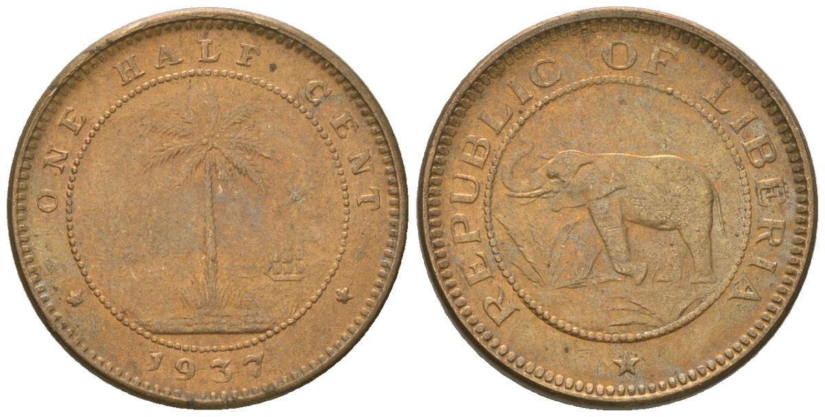 Либерия 1/2 цента 1937 KM 10 латунь aUNC 4585-729