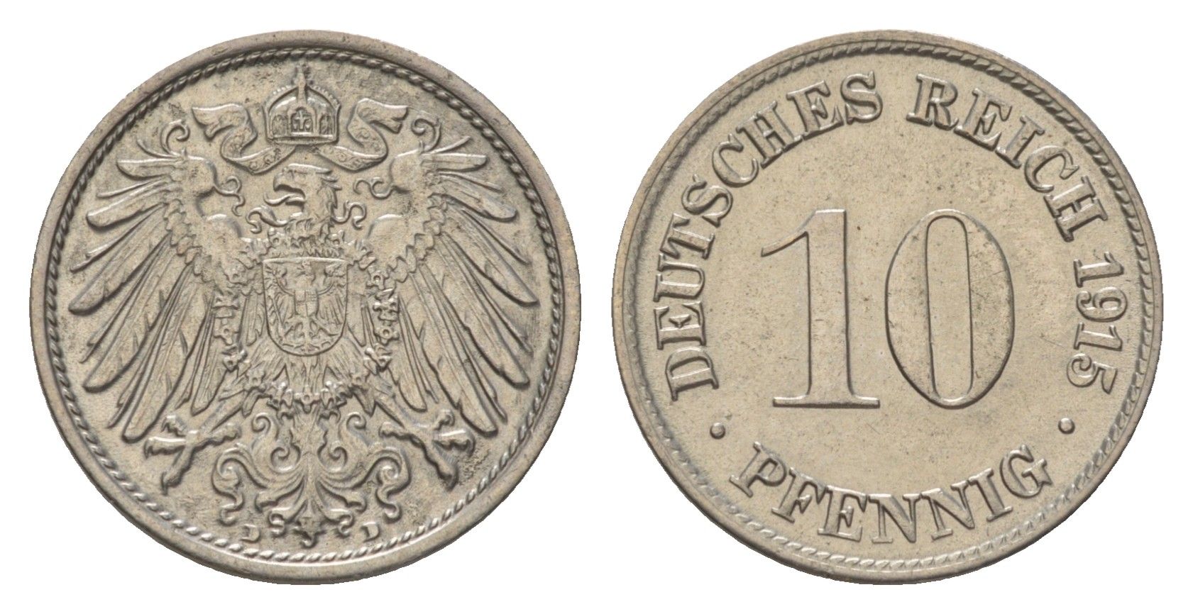 Германия 10 пфеннигов 1915 D, Вильгельм II (1888-1918) KM 12, J. 13 медно-никель aUNC 4625-1032