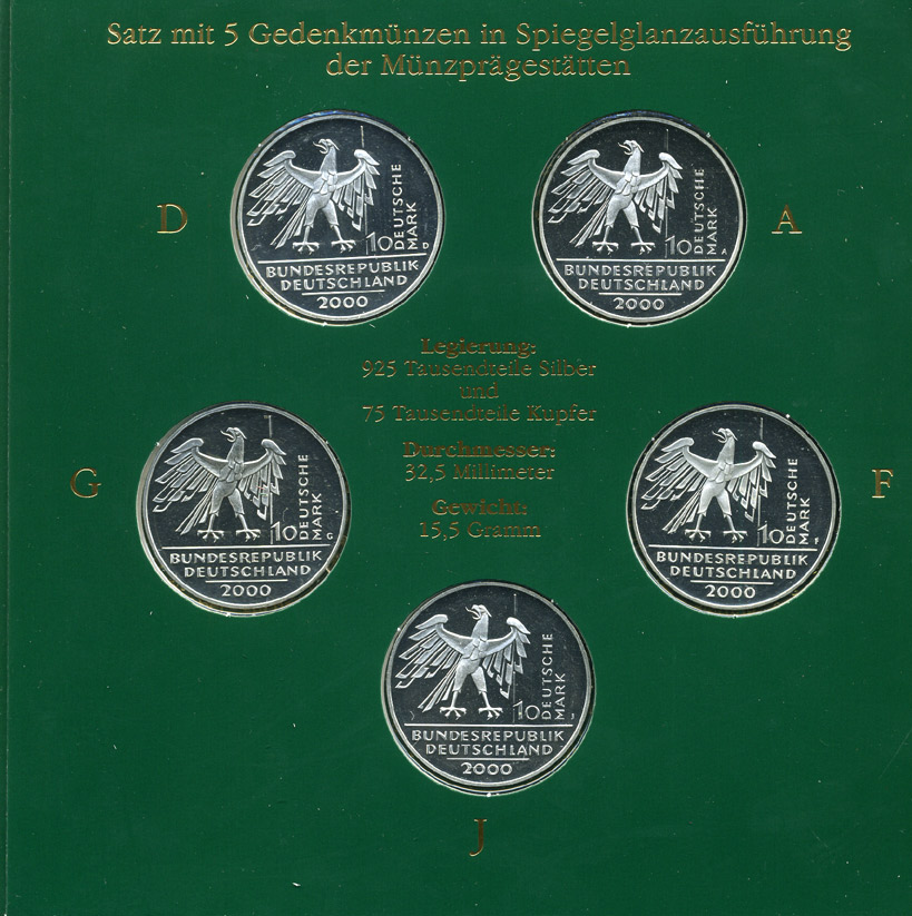 ФРГ набор из 5 штук по 10 марок 2000 A, D, F, G, J, 10 лет немецкого единства KM 201 серебро PROOF 6-5-2-12
