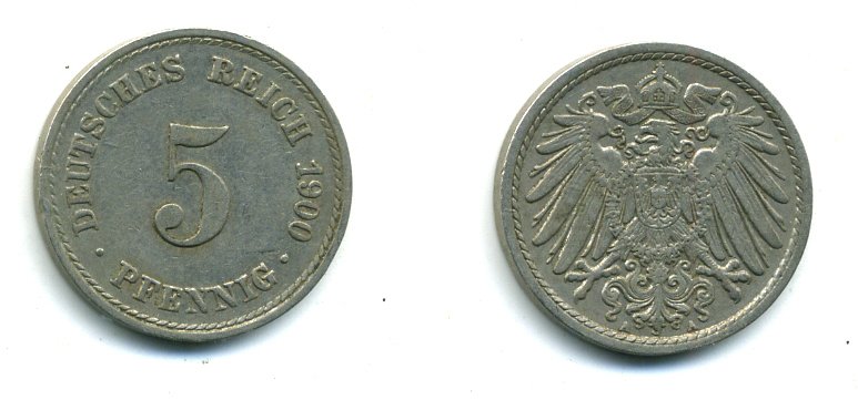 ГЕРМАНИЯ 5 ПФЕННИГОВ 1900 A, KM 11, J. 12 медно-никель 54-368