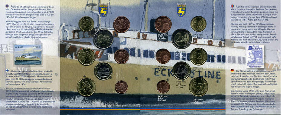 Финляндия евронабор из 8 монет + марка 2011 Аландские острова, в оригинальном буклете UNC 5-6-2-10