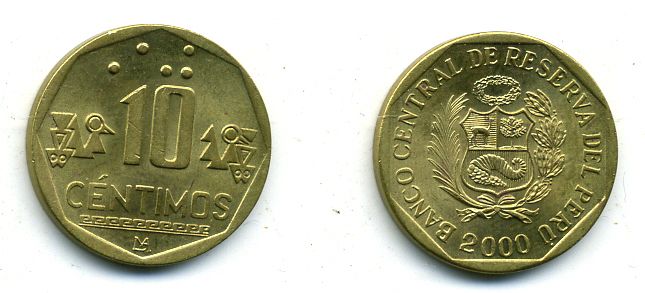 ПЕРУ 10 СЕНТИМО 2000 бронза 4-326