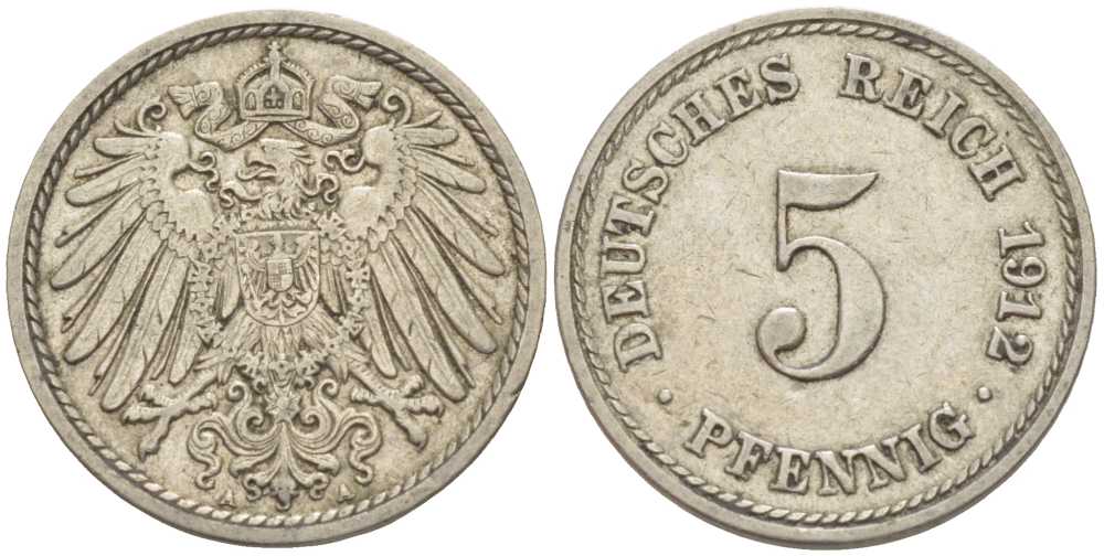 ГЕРМАНИЯ 5 ПФЕННИГОВ 1912 A KM 11, J. 12 медно-никель 105-159