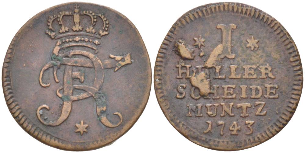 Гессен-Кассель 1 геллер 1743 Фридрих I (1730-1751), вес 2,19 гр. KM 400 медь 1517-1133