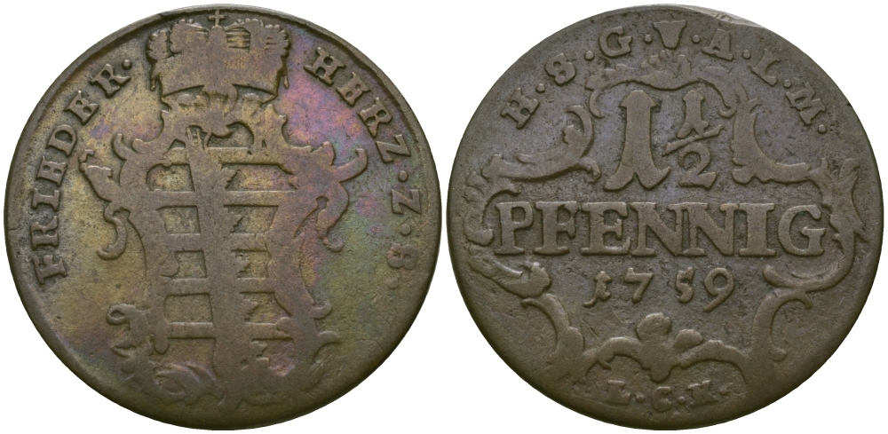 САКСЕН-ГОТА-АЛЬТЕНБУРГ 1 1/2 ПФЕННИГА 1759 LCK KM 9 медь 65-615
