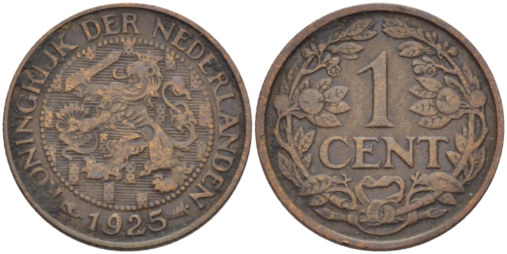 НИДЕРЛАНДЫ 1 ЦЕНТ 1925 ВИЛЬГЕЛЬМИНА (1890-1948) KM 152 бронза 100-837