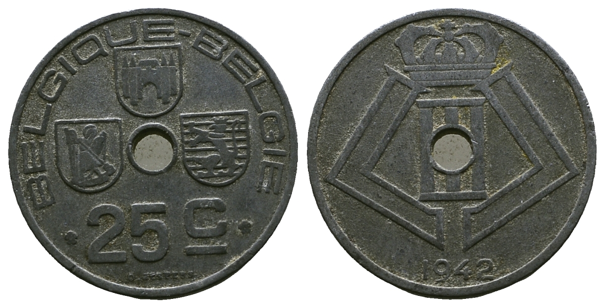 Бельгия 25 сантимов 1942 Belgique - Belgie, немецкая оккупация KM 131 цинк 259-947