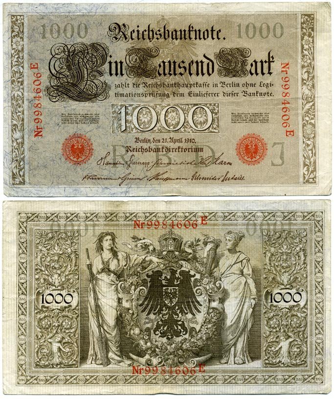 ГЕРМАНИЯ 1000 МАРОК 1910 J КРАСНАЯ ПЕЧАТЬ Pick 44в бумага 7146-59-1