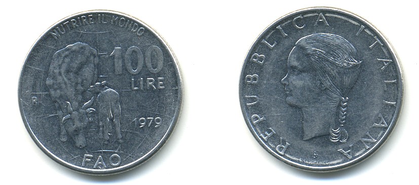 Италия 100 лир 1979 R, FAO, корова с теленком KM 106 нержавеющая сталь 4379-413