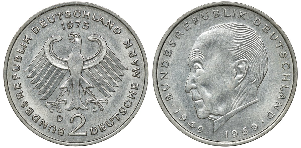 ФРГ 2 МАРКИ 1975 D, КОНРАД АДЕНАУЭР KM 124, J. 406 медно-никель плакированный никелем плакированный никелем UNC 72-456