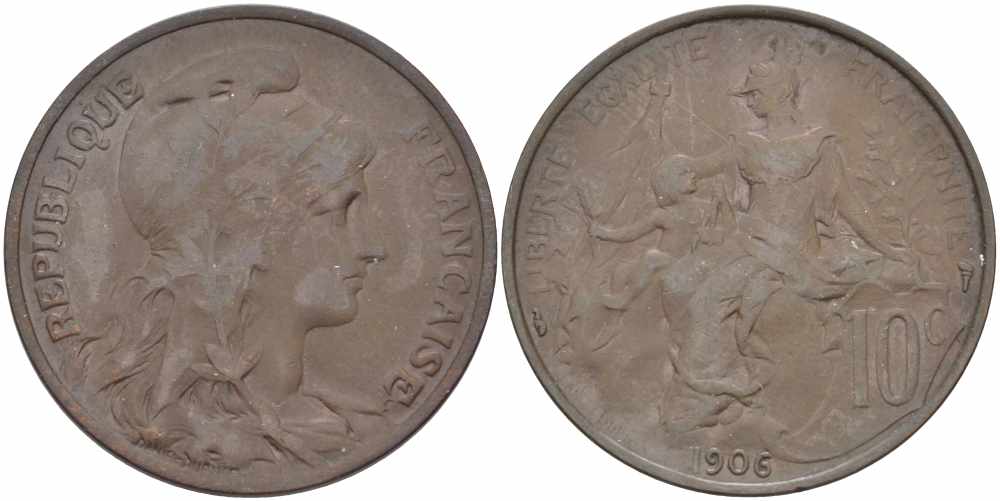 ФРАНЦИЯ 10 САНТИМОВ 1906 ТИП ДАНИЭЛЬ ДЮПЮИ KM 843, LA FRANC 136.16 бронза 109-222