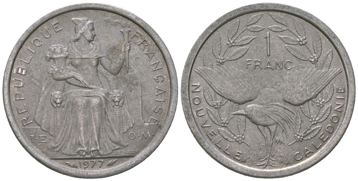 Французская Новая Каледония 1 франк 1977 птица кагу, (IEOM) KM 10, Schoen 10, Lec 40 алюминий    51-1114