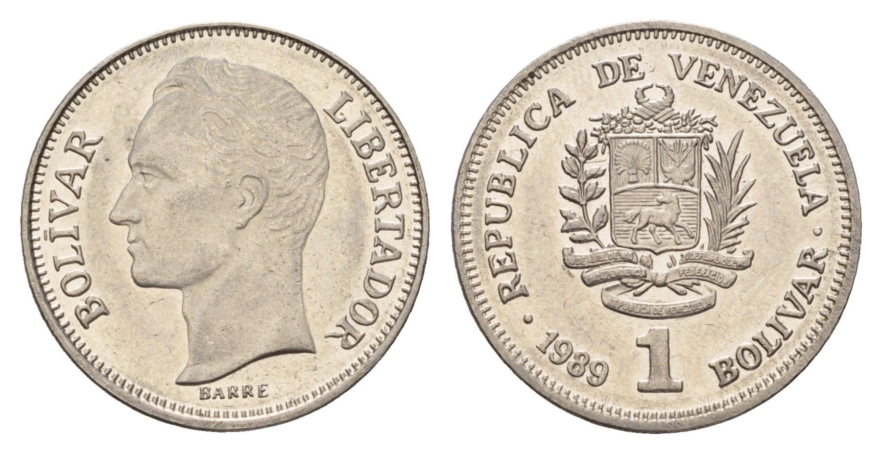 Венесуэла 1 боливар 1989 Симон Боливар Y 52a.1 сталь плакированная никелем aUNC 4116-216