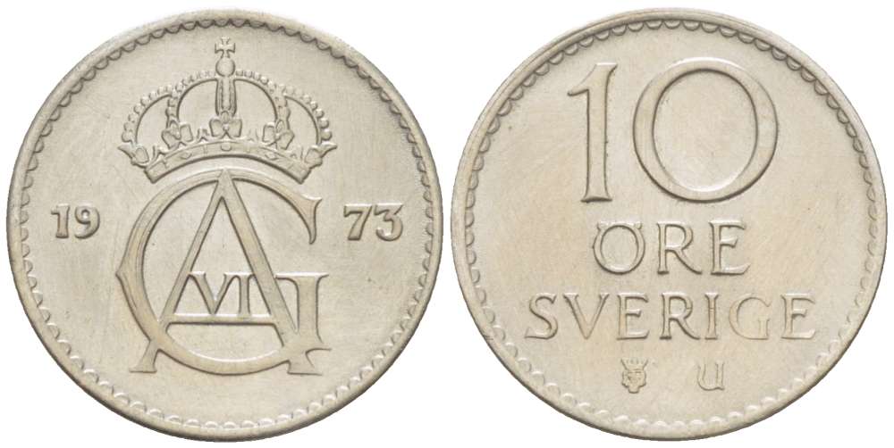 Швеция 10 эре 1973 U, Густав VI Адольф (1950-1973) KM 835 медно-никель 4516-761