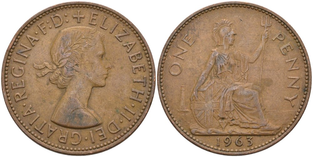 Великобритания 1 пенни 1963 Елизавета II (1952-2022) KM 897, Spink 4157 бронза 4574-223