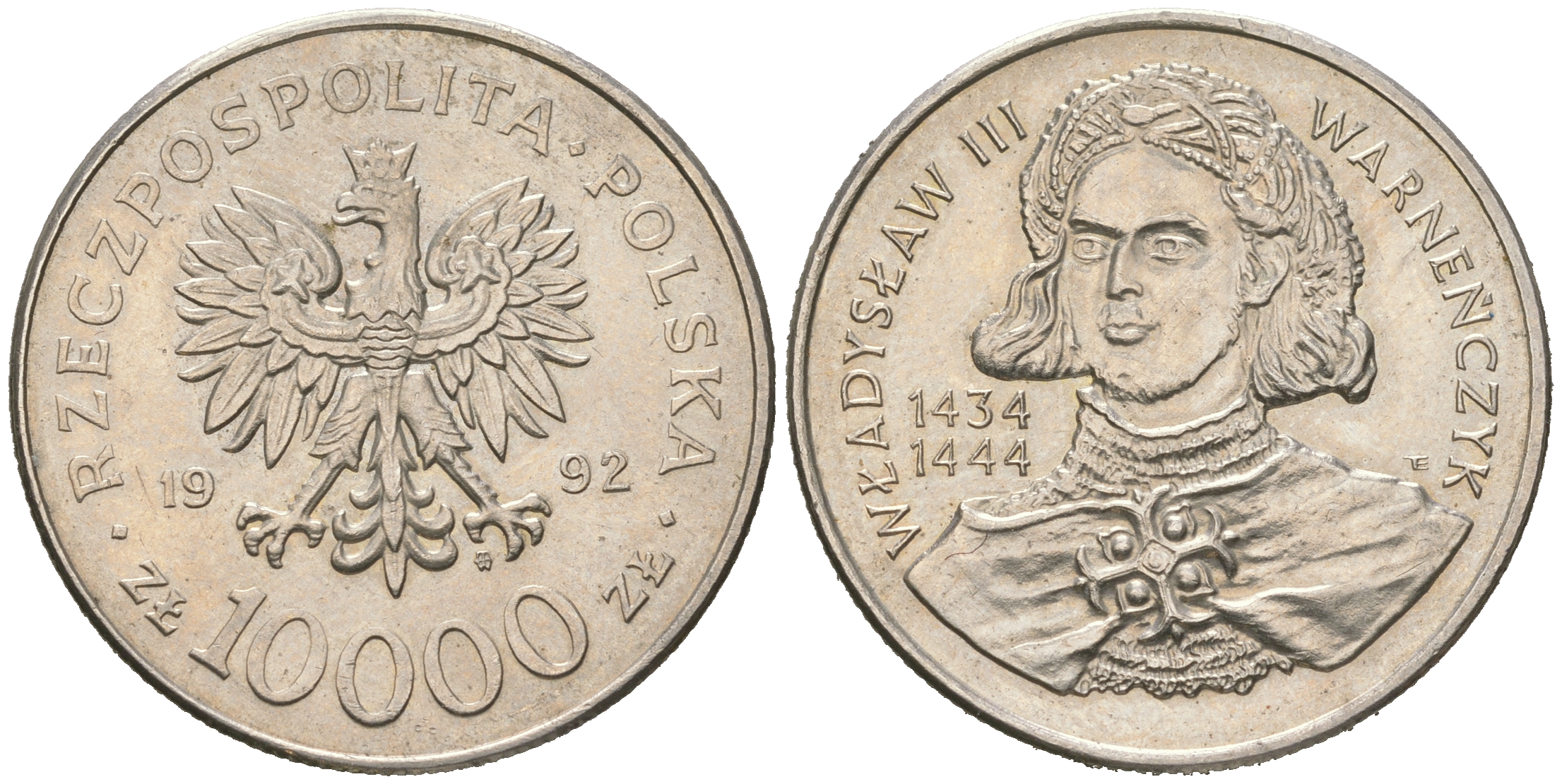 Польша 10000 злотых 1992 MW, серия польские короли, Владислав III Тонконогий (1434-1444) KM 246 медно-никель BUNC 4512-1021