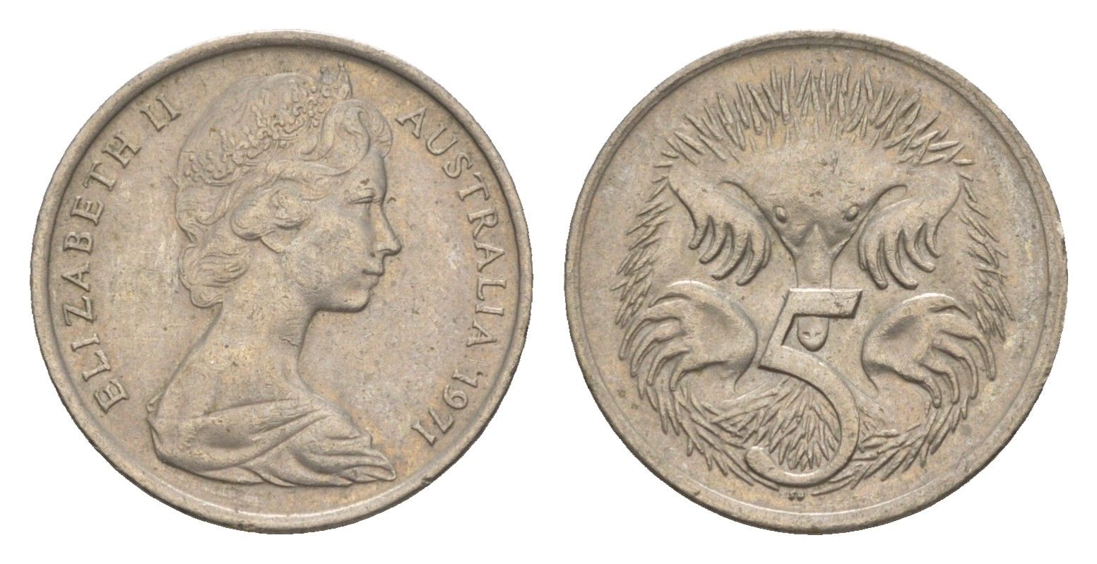 Австралия 5 центов 1971 Елизавета II (1952-2022) молодой портрет, ехидна KM 64 медно-никель 4151-1037