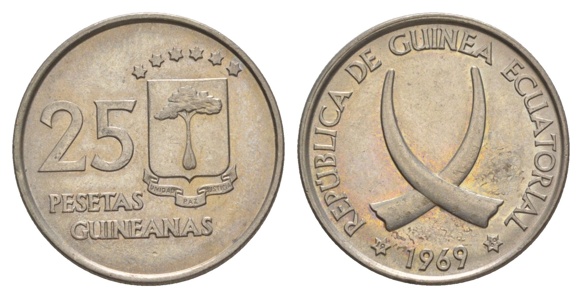 Экваториальная Гвинея 25 песет 1969 KM 3 медно-никель UNC 4177-442