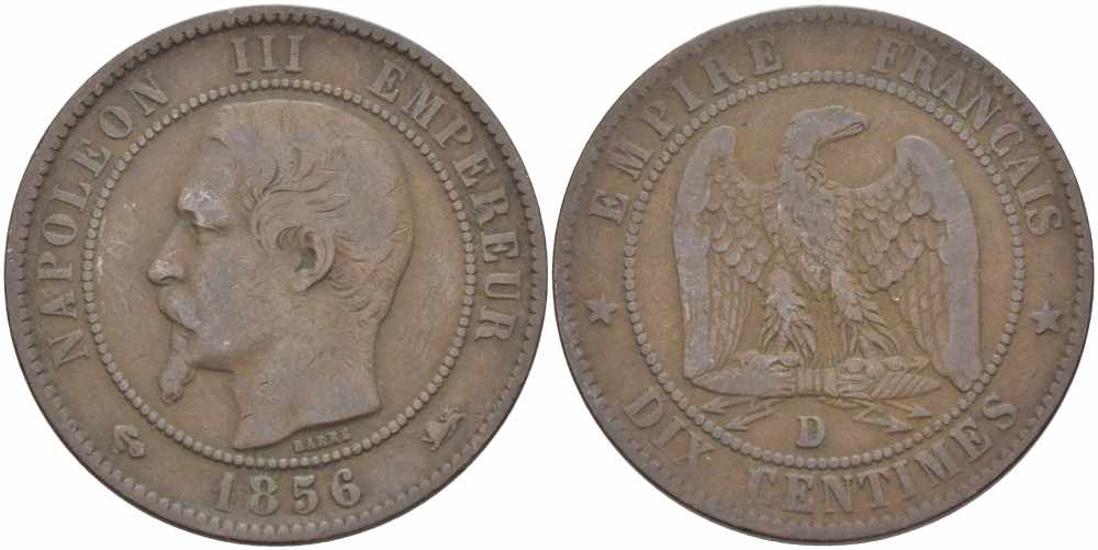 Франция 10 сантимов 1856 D, Наполеон III (1852-1870) KM 771.4, Le Franc 133.35 бронза    4680-542