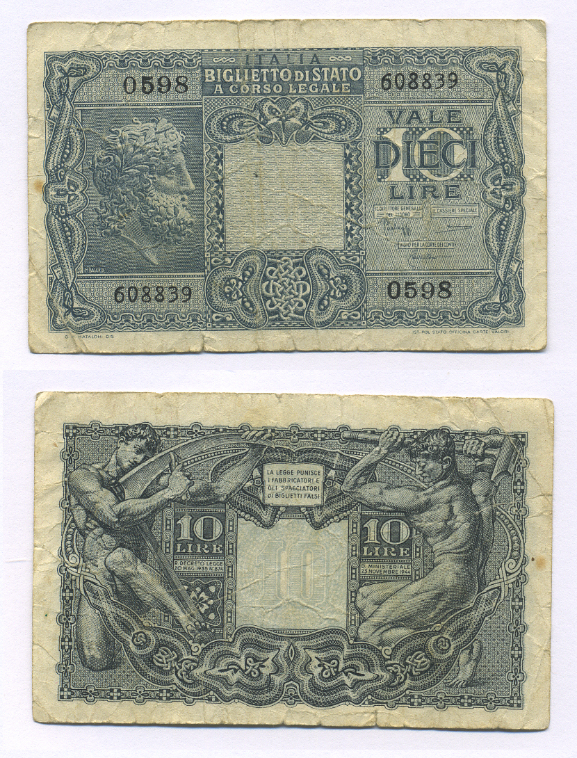 Италия 10 лир 1944 Pick 32b бумага 7146-16-3-2