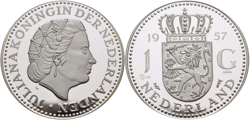 Нидерланды 1 гульден ND медаль 1 гульден 1957, Юлиана (1949-1980), диаметр 45 мм., 31,33 гр. серебро PROOF 11-087-42
