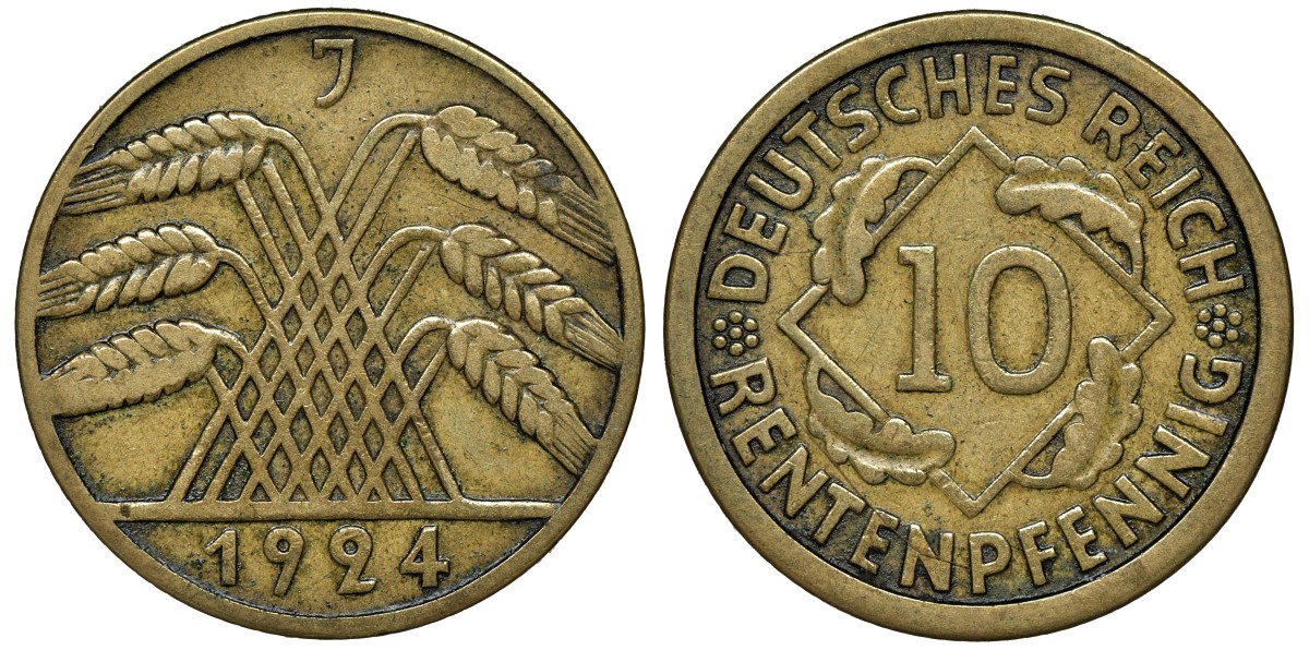 ГЕРМАНИЯ 10 РЕНТЕНПФЕННИГОВ 1924 J KM 33, J. 309, Weege 8 алюминиевая бронза 72-1534