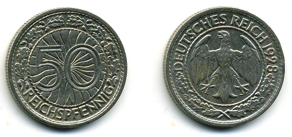 Германия 50 рейхспфеннигов 1928 A KM 49, J.324 никель 58-515