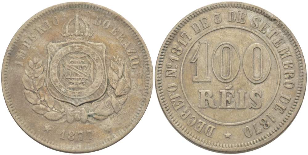 БРАЗИЛИЯ 100 РЕЙС 1877 ПЕДРО II (1831-1889) KM 477 медно-никель 4529-522