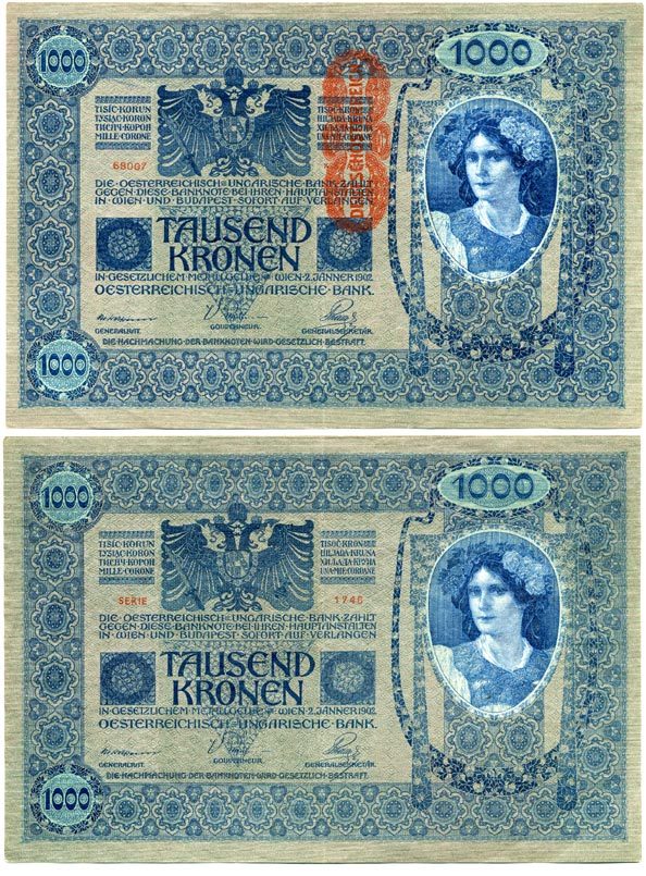 Австрия 1000 крон 1919 красная вертикальная надпечатка на 1902 Pick 59   бумага   435-5-2-2