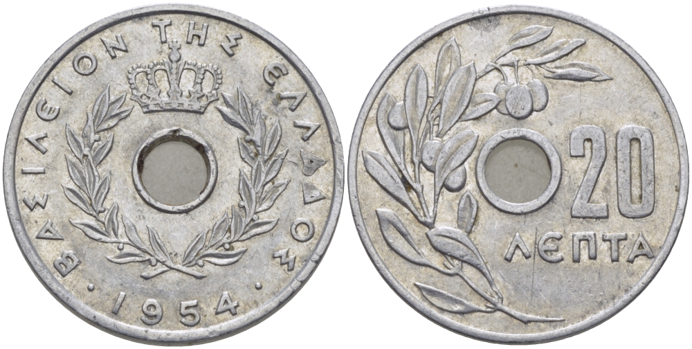 Греция 20 лепта 1954 Павел I (1947-1964), оливковая ветвь KM 79 алюминий 28-214