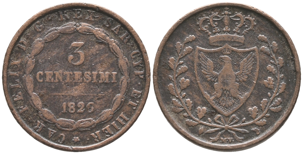 ИТАЛИЯ, САРДИНИЯ 3 ЧЕНТЕЗИМО 1826 EAGLE HEAD KM 100.2 медь 34-242