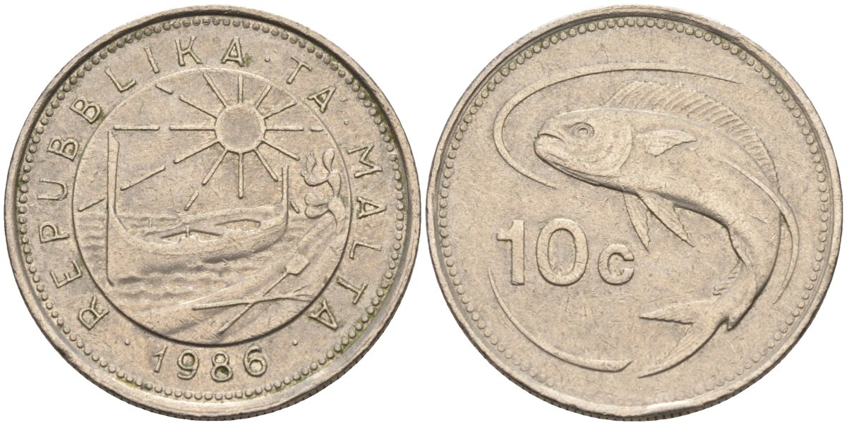 Мальта 10 центов 1986 золотая макрель KM 76 медно-никель 4588-168