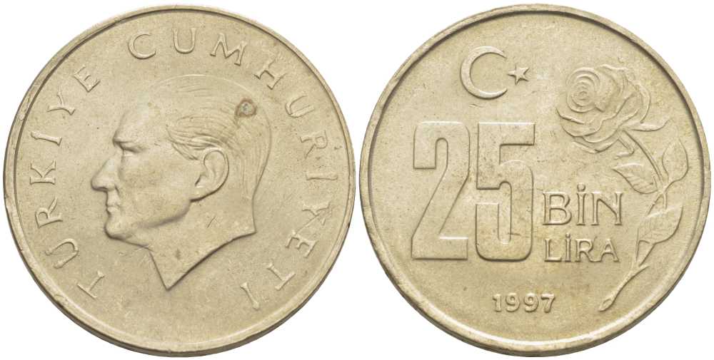 Турция 25000 лир 1997 Мустафа Кемаль Ататюрк KM 1041 медь никель цинк 202-332