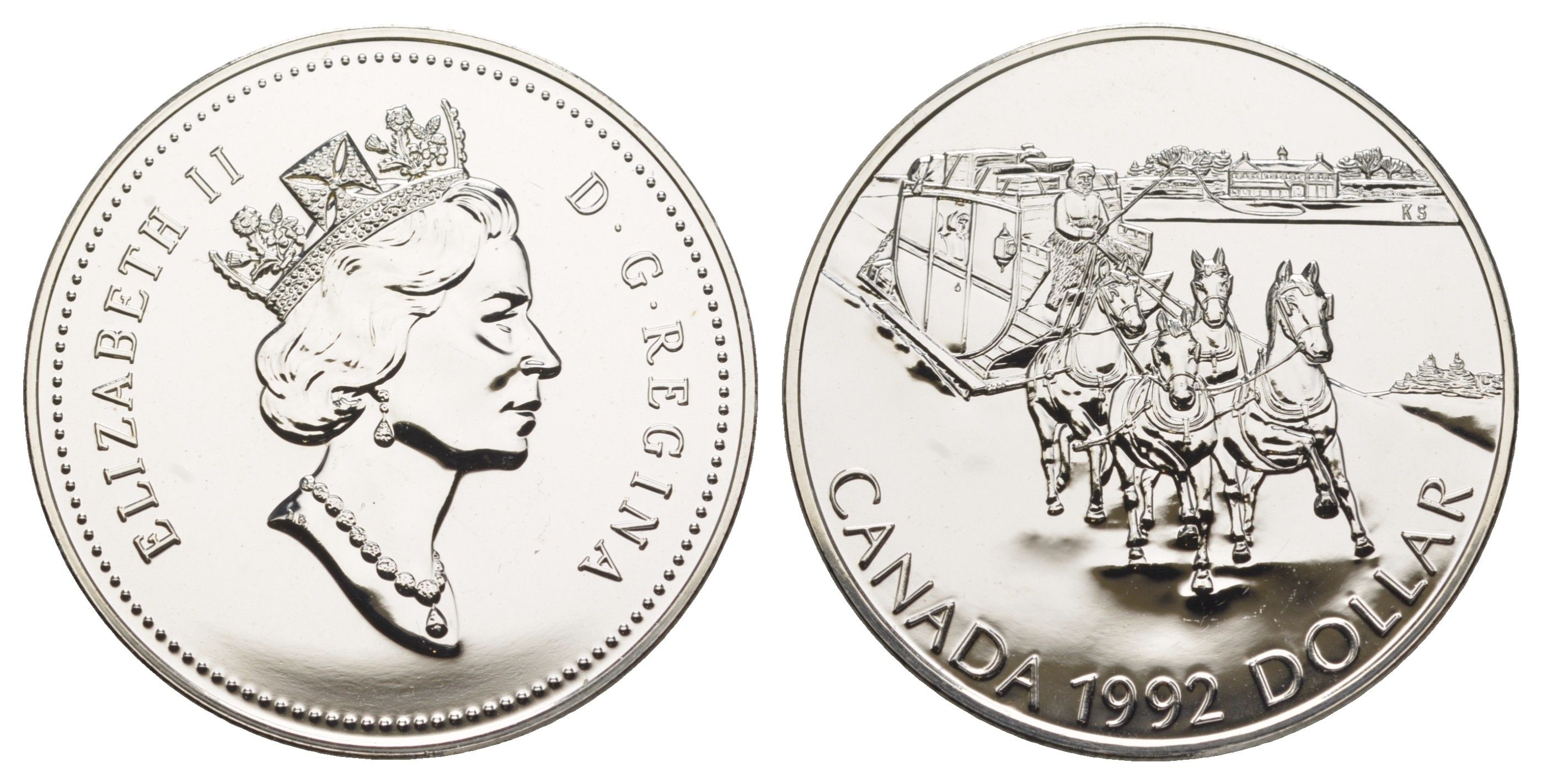 Канада 1 доллар 1992 175 лет Кингстонскому дилижансу KM 210 серебро BU 11-093-44