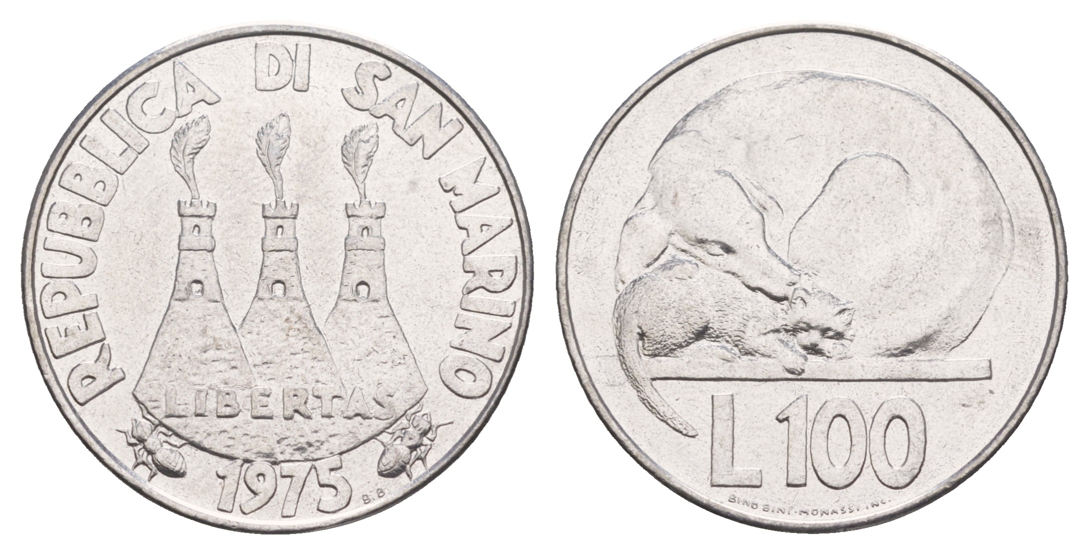 Сан-Марино 100 лир 1975 Любовь у животных KM 46 нержавеющая сталь  UNC  4634-134