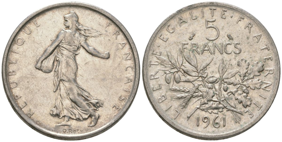 Франция 5 франков 1961 сеятель KM 926, Le Franc 340.5 серебро 4389-231