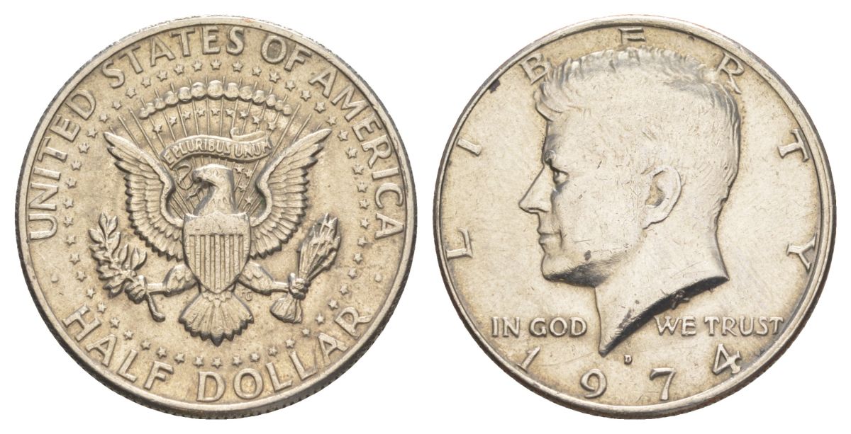 США 1/2 доллара (50 центов) 1974 D, Джон Кеннеди KM 202b медь плакированная медно-никелем aUNC 4123-822