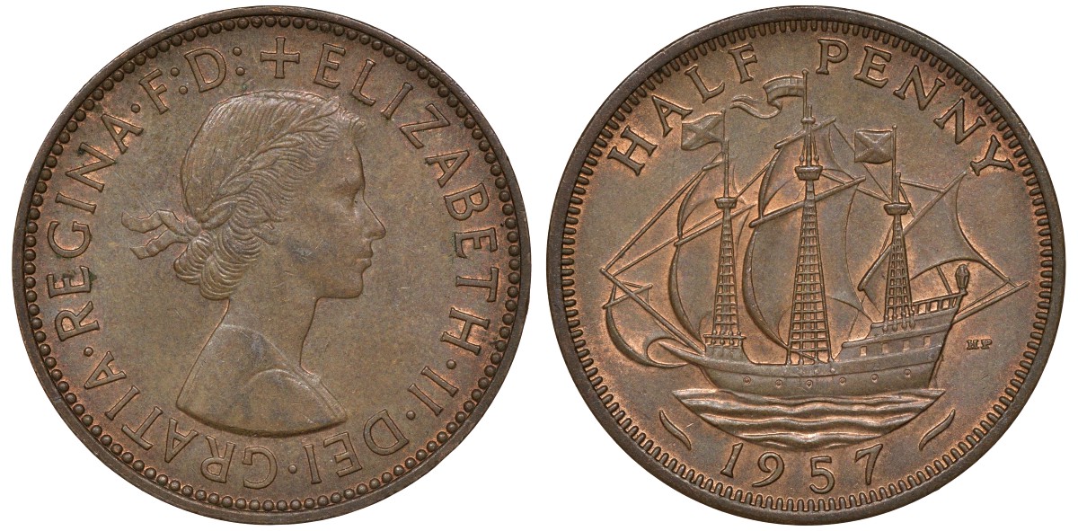Великобритания 1/2 пенни 1957 Елизавета II (1952-2022) KM 896, Spink 4158 бронза 4163-613