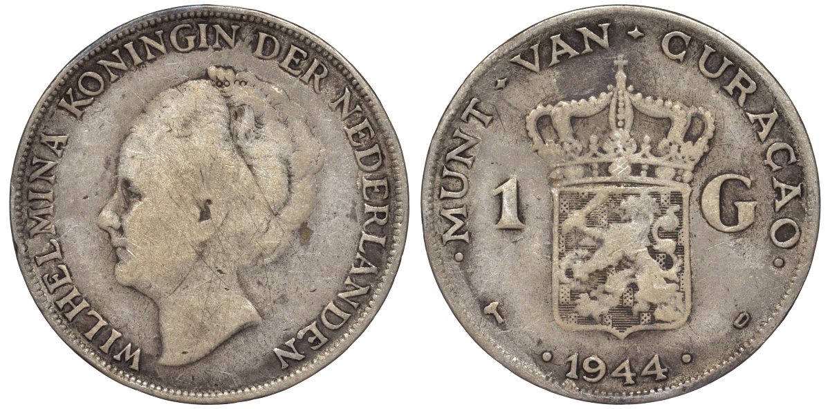 Нидерландское Кюрасао 1 гульден 1944 D, Вильгельмина (1890-1948) KM 45 серебро 36-542