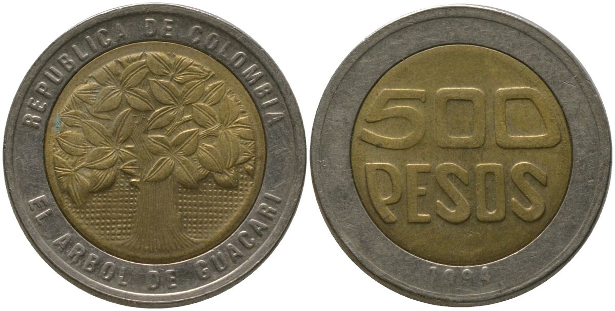 Колумбия 500 песо 1994 KM 286, Schon 114 биметалл 4538-1054