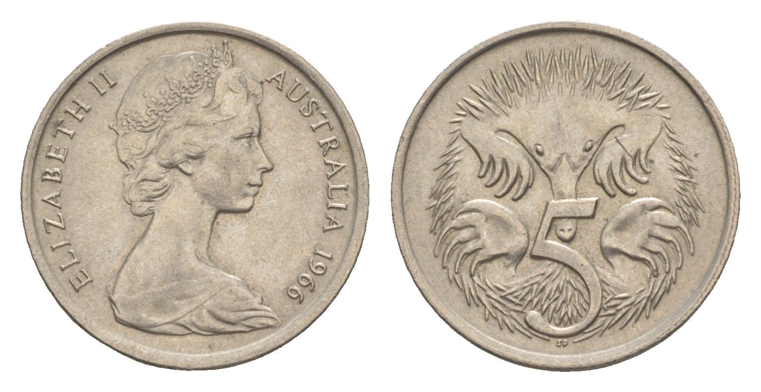 Австралия 5 центов 1966 Елизавета II (1952-2022) молодой портрет, ехидна KM 64 медно-никель 4151-158