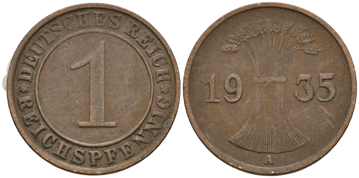 Германия 1 рейхспфенниг 1935 A KM 37, J. 313 бронза 4528-235