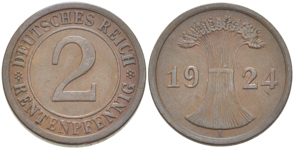 ГЕРМАНИЯ 2 РЕНТЕНПФЕННИГА 1924 А KM 31, J.307 бронза 3955-646